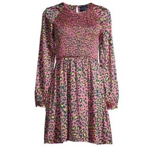 NEW Scoop Smocked Pink Leopard Print Long Sleeve Mini Dress -‎ Medium